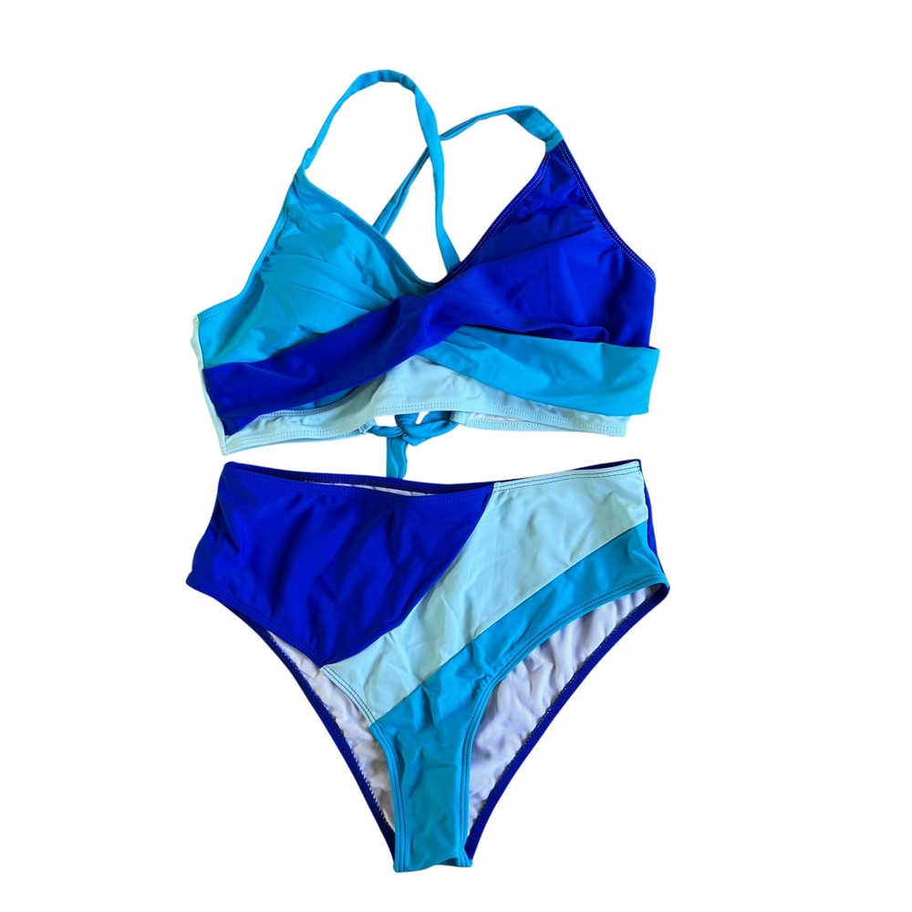 Rosvigor Swimsuit High Waist Bikini Set Twist Front Top Blue Color Block L
